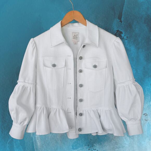 CINQ A SEPT Lizzie Puff Sleeve Peplum Denim Jacket in White Size 2 - Picture 11 of 13